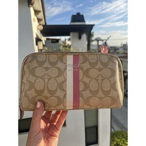 Coach Signature Stripe cosmetic case beige canvas logo travel